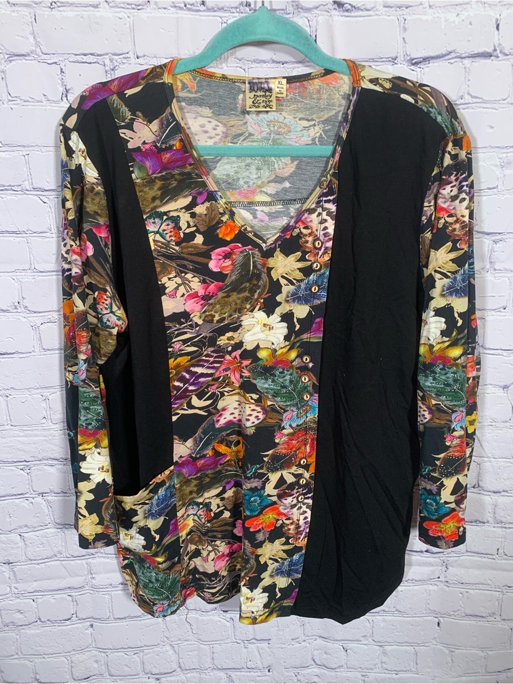 Parsley & Sage Arsty V-Neck Long Sleeve Top Floral & Bird Print Sz XL Lagenlook